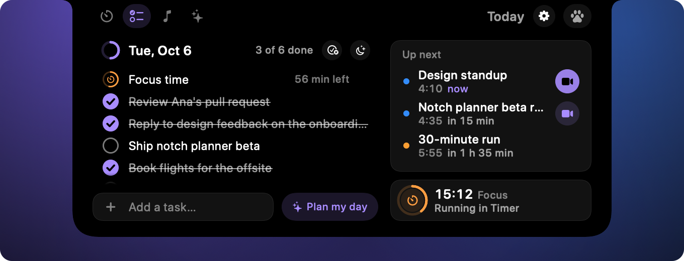 The Today tab: a checklist on the left and upcoming meetings on the right
